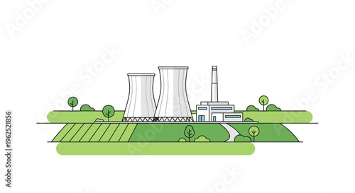 A minimalist illustration depicts a nuclear power plant with two large cooling towers and a smaller building on green rolling hills against a white background.
