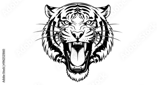 Fierce roaring tiger head with detailed stripes and piercing eyes