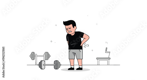A man in a gym holds his lower back in pain, standing near dumbbells and a bench.