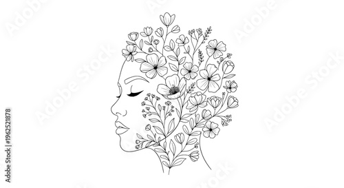 Serene woman with floral crown in minimalist black and white line
