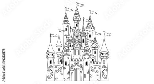 Ornate black and white castle with patterned towers and flags