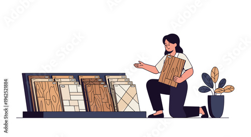 A woman kneels, holding a wood plank sample, gesturing towards a tile display rack with a potted plant nearby.