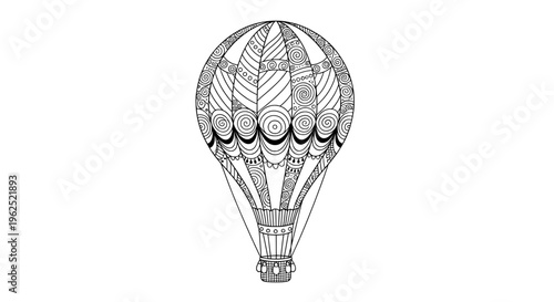 Black and white line drawing of patterned hot air balloon