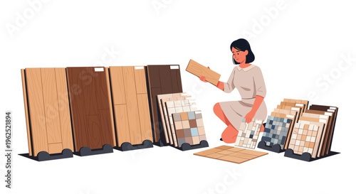 A woman kneels, holding a wood tile sample, surrounded by various flooring displays on a white background.
