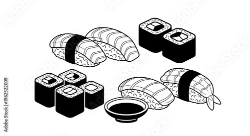 Black and white line drawing of assorted sushi rolls with soy sauce