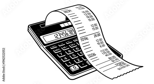 Black and white calculator with receipt and total paper roll