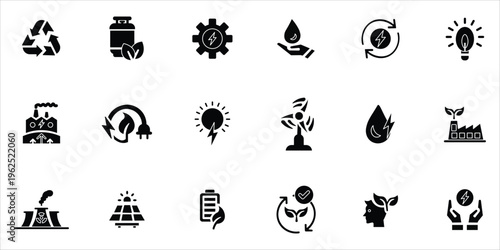 green energy icons set. renewable energy, solar power, wind power, hydro power, green factory and more. simple solid vector illustration