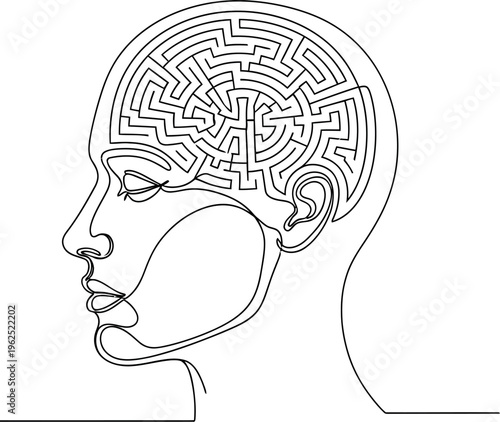 Abstract continuous line art depiction of a human head profile containing a complex circular maze representing complex thought processes and mental challenges.