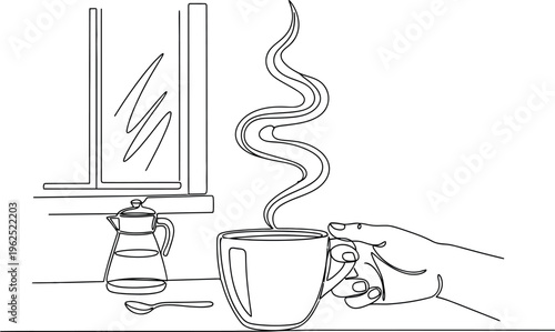 Continuous line drawing of a human hand holding a hot, steaming mug of coffee or tea next to a window on a serene morning, symbolizing warmth and comfort.