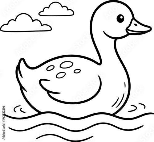 Cute duck coloring page for kids, cartoon mallard swimming in water vector, black and white outline of a duckling with clouds