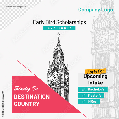 Study Abroad Social Media Post Template with Flat Vector Landmark