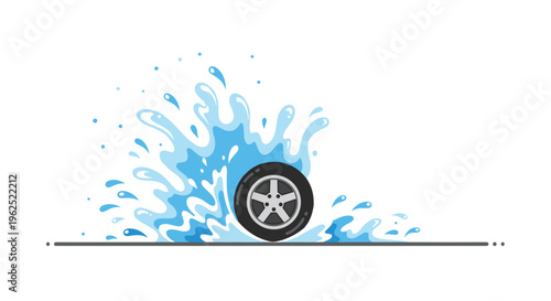 A single car tire is shown splashing through a large puddle of blue water on a plain white background.