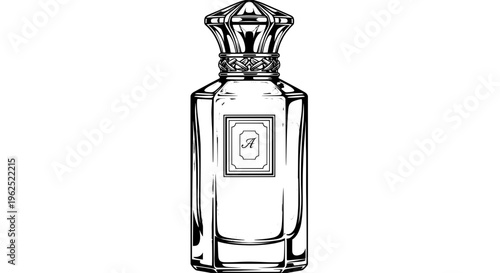 Elegant black and white line drawing of a perfume bottle with ornate label