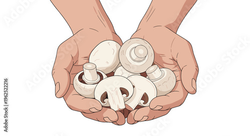 Two human hands are cupped together, holding a small group of fresh white button mushrooms against a plain white background.