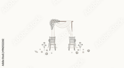 A minimalist wedding arch, constructed from light wood and draped with white fabric, is adorned with yellow flowers and green foliage, with two chairs facing it.