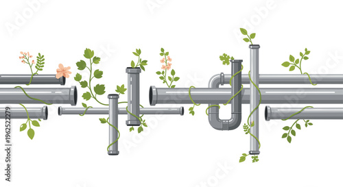 A horizontal arrangement of grey pipes, some broken, features vibrant green plants and small pink flowers growing out of and intertwining around them.