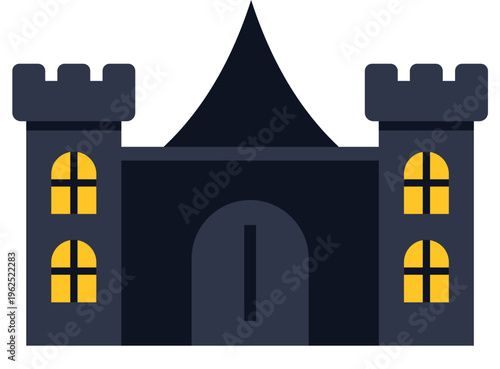 Dark castle building icon, featuring illuminated windows and a pointy roof