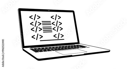 Minimal black and white laptop displaying lines of code