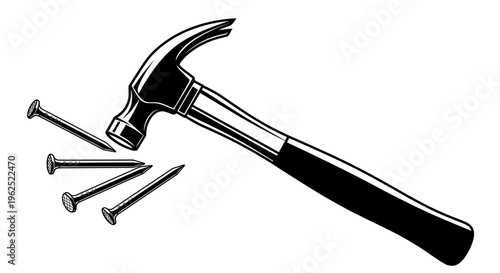 Black and white hammer with scattered nails on plain