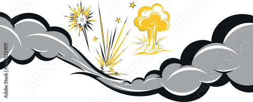 Collection of stylized comic book sound effects featuring dynamic explosions and trailing smoke clouds across a white background