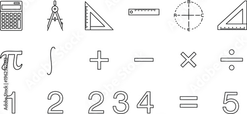 A comprehensive set of outline icons representing various essential mathematical symbols, geometrical instruments, and fundamental numerical operations for education and design projects.