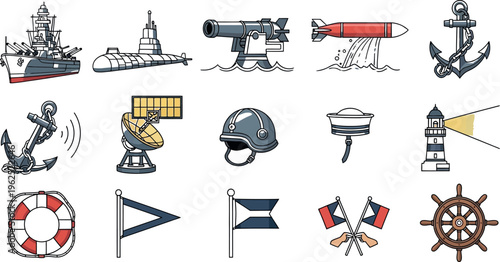 Collection of nautical and maritime icons including naval vessels military equipment signals and essential seafaring tools