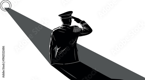 Detailed vector silhouette of a military officer rendering a formal hand salute while standing directly under a harsh spotlight in black and white style.