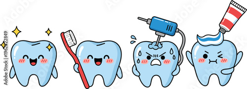 Dental care cartoon tooth illustration set, toothbrush toothpaste cavity treatment hygiene artwork, cute vector design concept