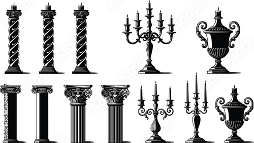Classical column urn candelabrum silhouette illustration set, ancient Greek Roman decorative architecture artwork, ornamental vector design concept