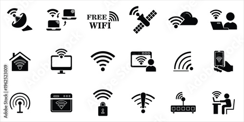 wifi icons set. internet, hotspot, free wifi, antenna, signal, wifi router, wireless, cloud and more. simple solid vector illustration