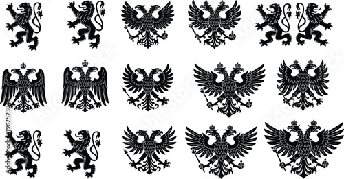 Heraldic lion and eagle silhouette illustration set, medieval coat of arms royal insignia artwork, crest vector design concept