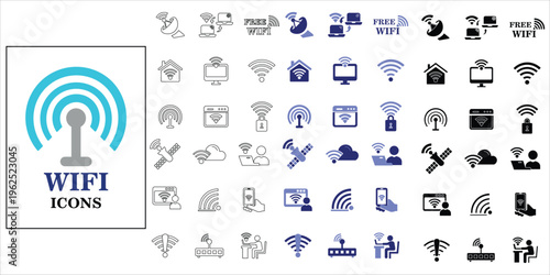 wifi icons set. mobile, internet, hotspot, free wifi, antenna, signal, wireless, secured and more. simple complete vector illustration