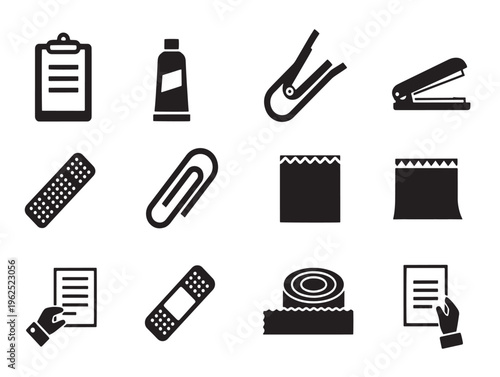 Black and white icons of office supplies
