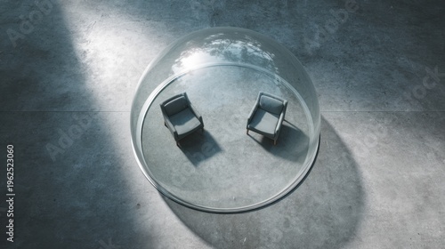 Privacy pod isolation concept with two armchairs inside a transparent glass dome on concrete floor for interior design, poster, background