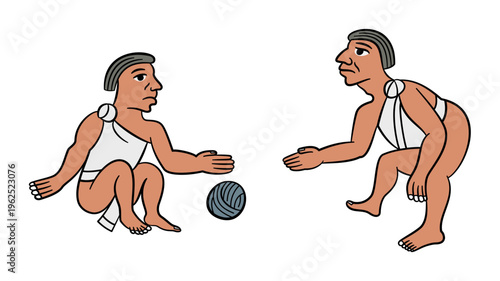 Aztec ball players playing a Mesoamerican ballgame with a rubber ball. Descendant version Ulama is still played in Mexico, regarded as one of the oldest continuously played sports in the world. Vector