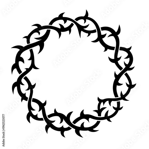 Crown of thorns. Woven wreath of thorns, placed on the head of Jesus, during the events leading up to his crucifixion. Instrument of Passion, to cause him pain, and mock his claim of authority. Vector