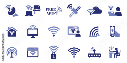 wifi icons set. internet, hotspot, free wifi, antenna, signal, wifi router, wireless and more. simple colored vector illustration