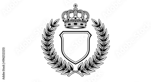 Crown topped shield flanked by symmetrical laurel wreaths