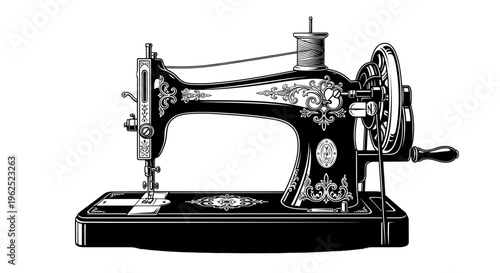 Vintage sewing machine with floral patterns and thread spool