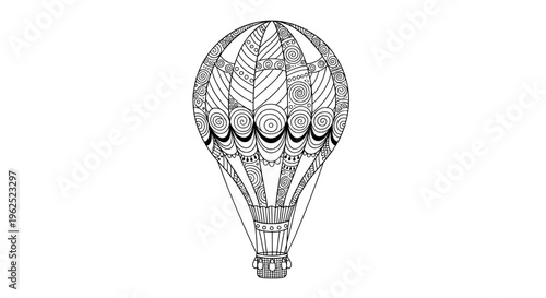 Black and white line drawing of patterned hot air balloon