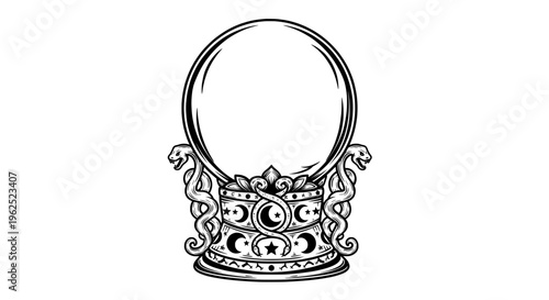 Ornate crystal ball with crescent moon and lion motifs