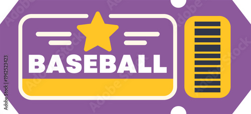 Purple baseball game ticket with yellow star and barcode showing admission