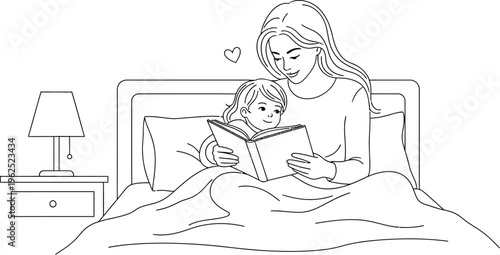 Loving mother reads an engaging bedtime story to her happy little child snuggled close in bed, fostering a strong bond and a love for books illustration.