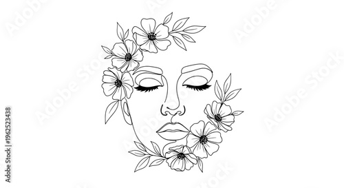 Serene woman with floral wreath in minimalist line
