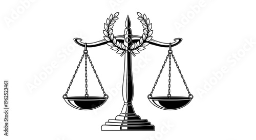 Balanced justice scales with laurel wreath and metal pedestal