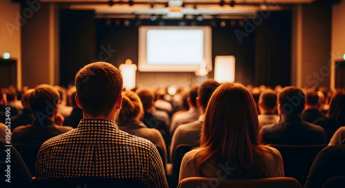 Cinematic Over-the-Shoulder Seminar – Professional Audience in Dimly Lit Auditorium