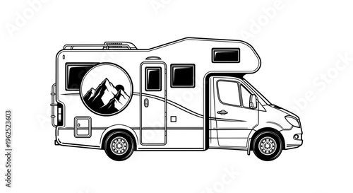Black and white line drawing of side view RV with open door