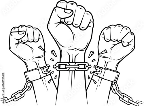 Three powerful fists raised in a triumphant gesture, symbolizing the breaking free from oppression, achieving liberation, and standing united against adversity.