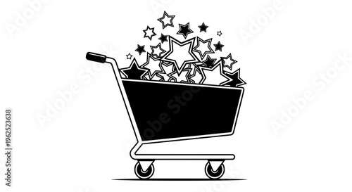 Empty shopping c with floating stars in black and white