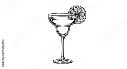 Black and white line drawing of cocktail glass with lemon slice